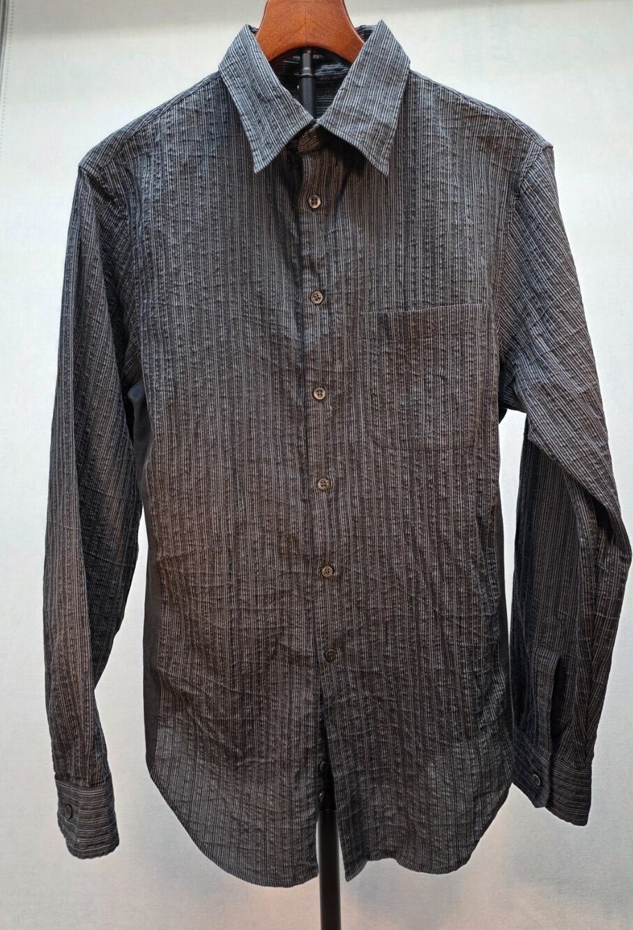 Armani Collezioni Grey Black Striped Seersucker Long Sleeve Mens Luxury Shirt (M